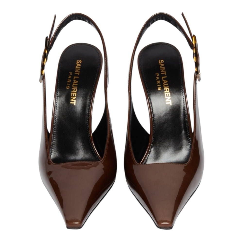 Saint Laurent Brown Patent Leather Pointed Toe Slingback Heels